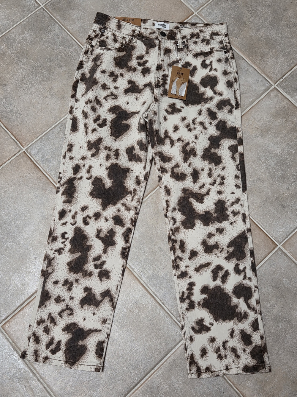 Kensie The Ella High Rise Straight Jeans - Brown & Cream Cow Print